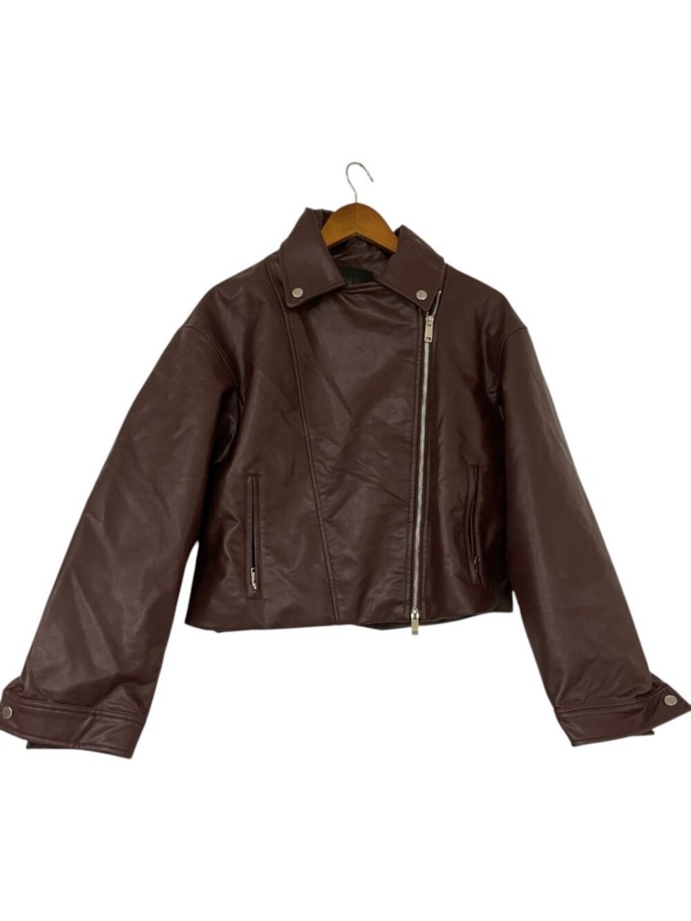 Zara Womens Biker Moto Jacket Sz XL Brown Faux Leather Cropped 4391/758 NWOT